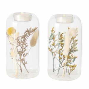 Bougeoir en verre et fleurs séchées